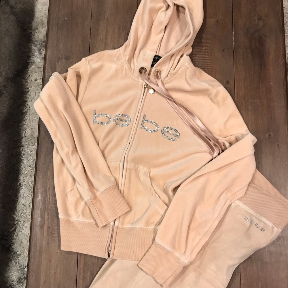 Bebe Tan Velour Rhinestone Sweatsuit Small